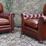 Buttoned Arm Antique Leather Club Chair Pair